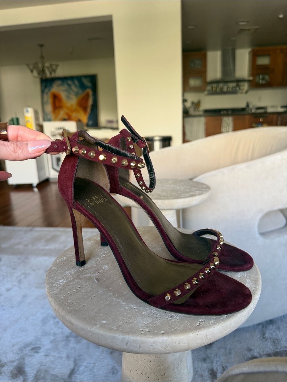 Stuart Weitzman Burgundy Suede Studded Ankle-Strap Heels